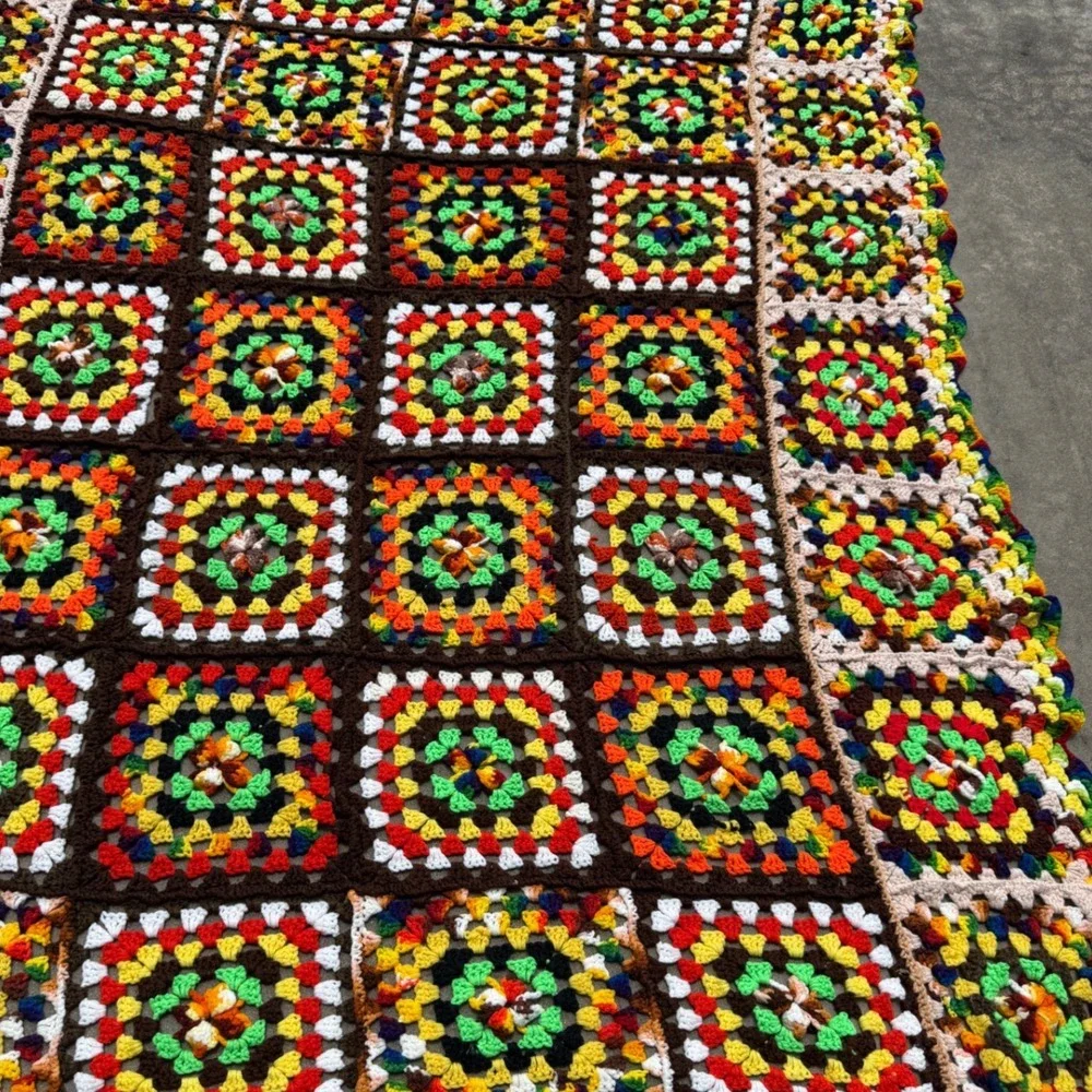 Vintage Handmade Crochet Granny Square Blanket Vibrant Boho Folk Artsy Colorful